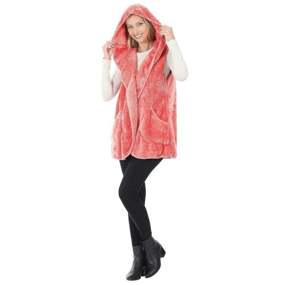 Zenana Faux Fur Hooded Vest Pockets Plush Large - Picture 3 of 6
